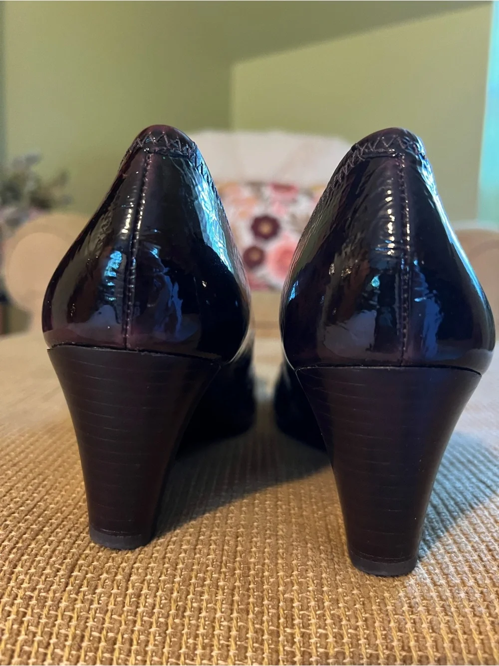Tory Burch Deep Burgundy Patent Leather Logo Wedges with Deep Burgundy Insole